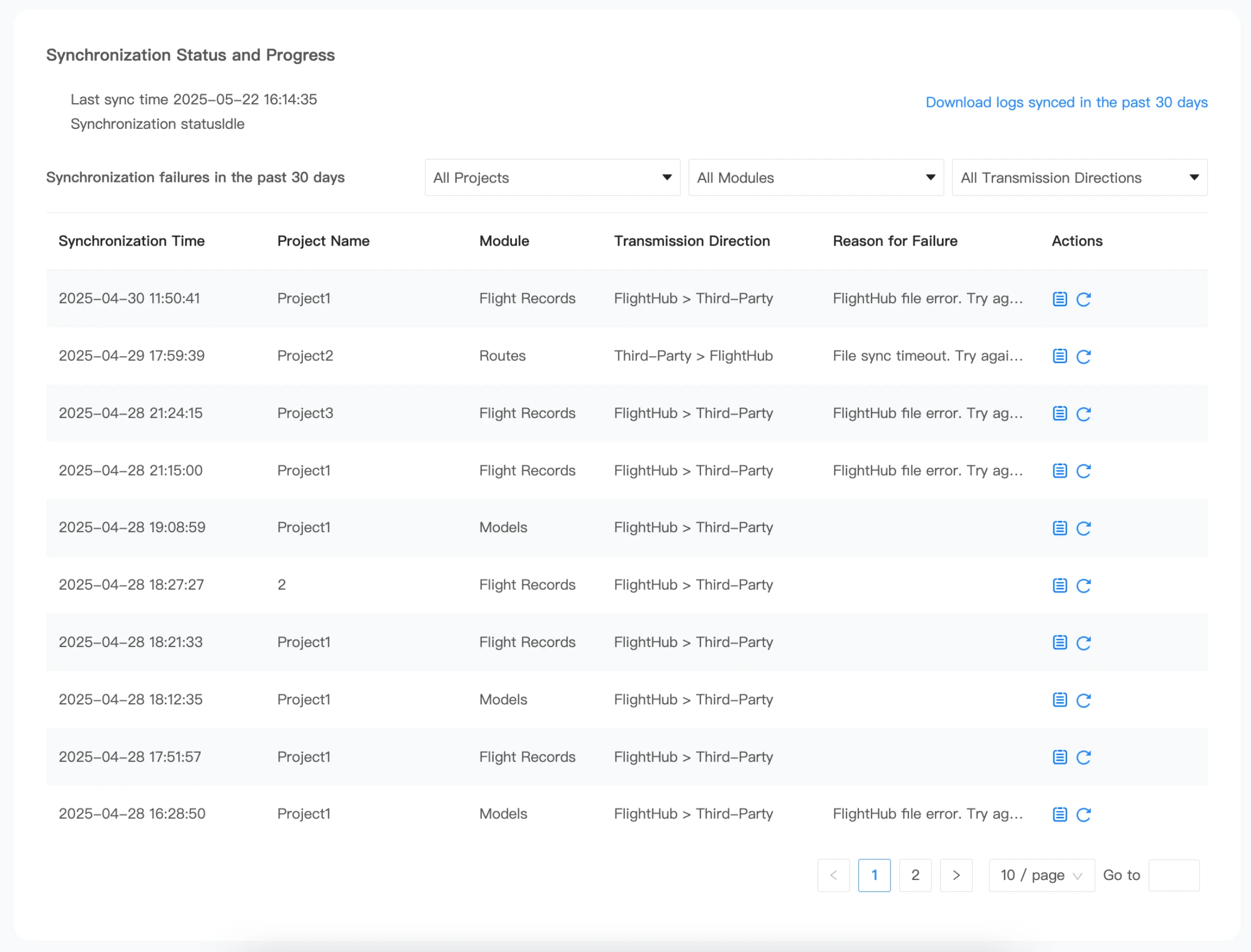 Official FlightHub Sync status screen showing failed files, transmission directions and 30-day log download