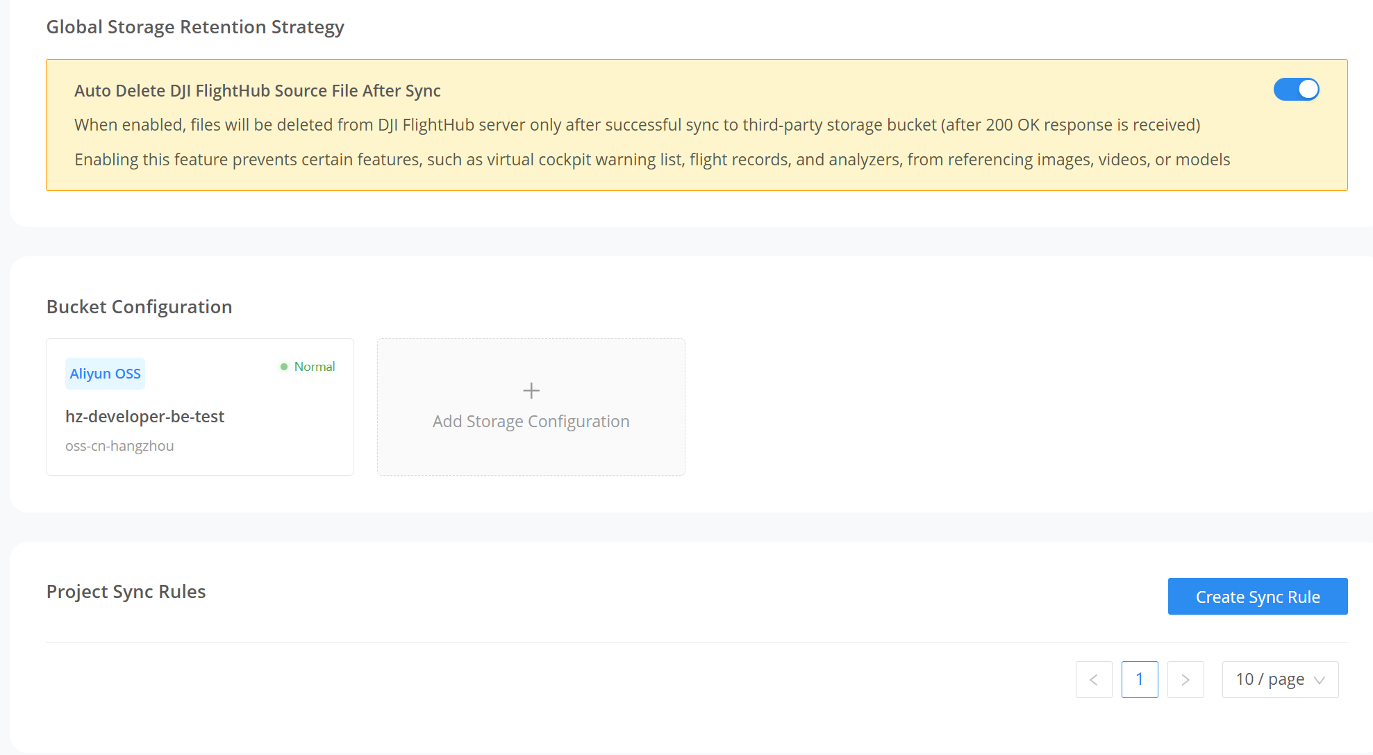 Official FlightHub Sync storage settings with the auto-delete source file warning and bucket configuration