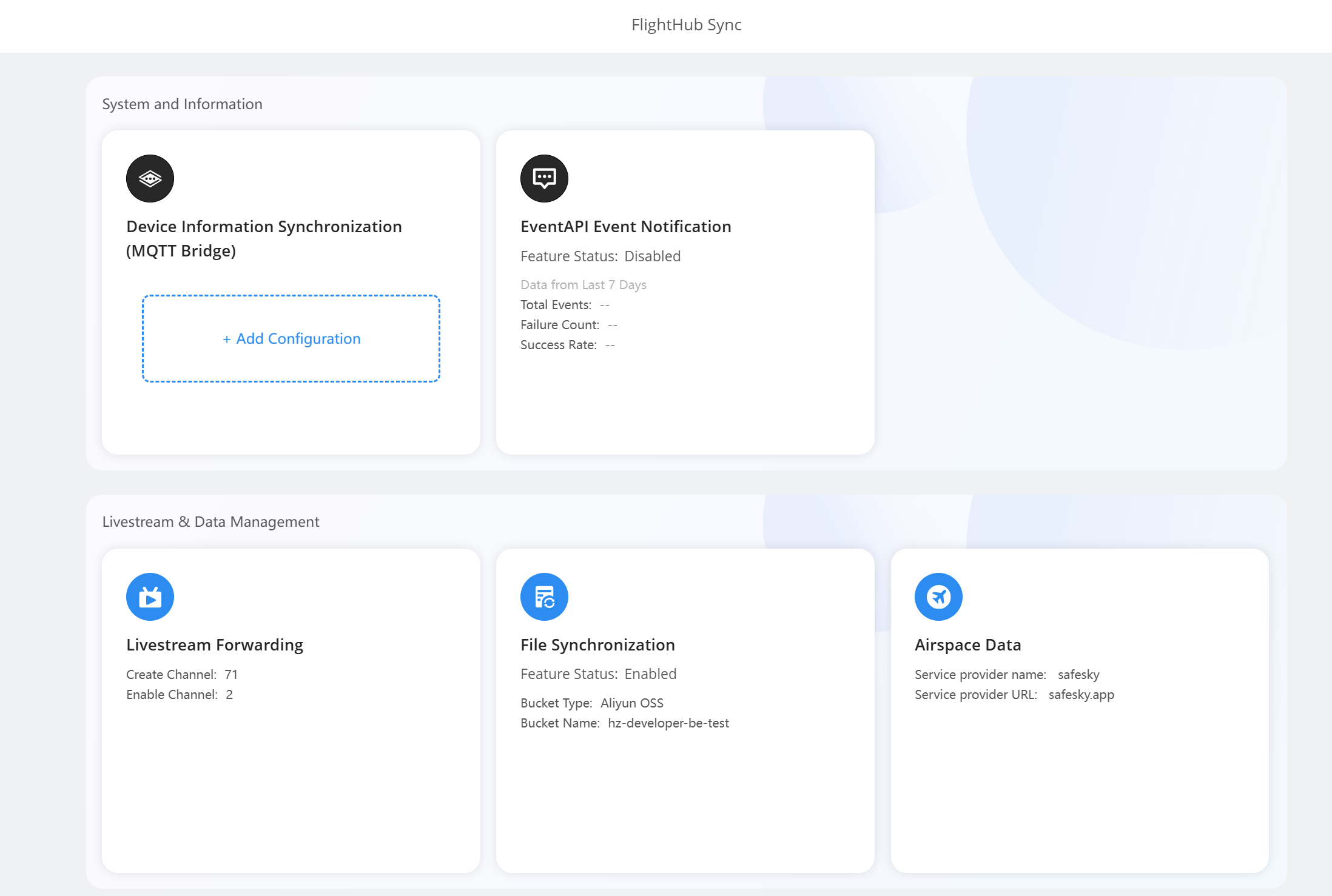 Official DJI FlightHub Sync dashboard showing MQTT Bridge, EventAPI, livestream, file sync and airspace modules