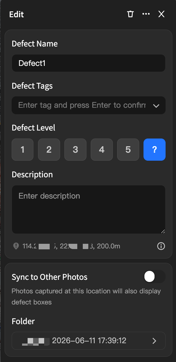 Actual DJI defect-properties panel showing names, tags, severity levels, description and photo-sync fields