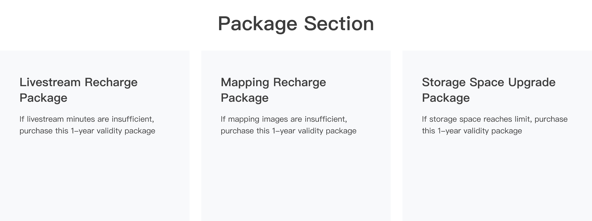 Comparison of livestream, mapping, and storage recharge/upgrade packages