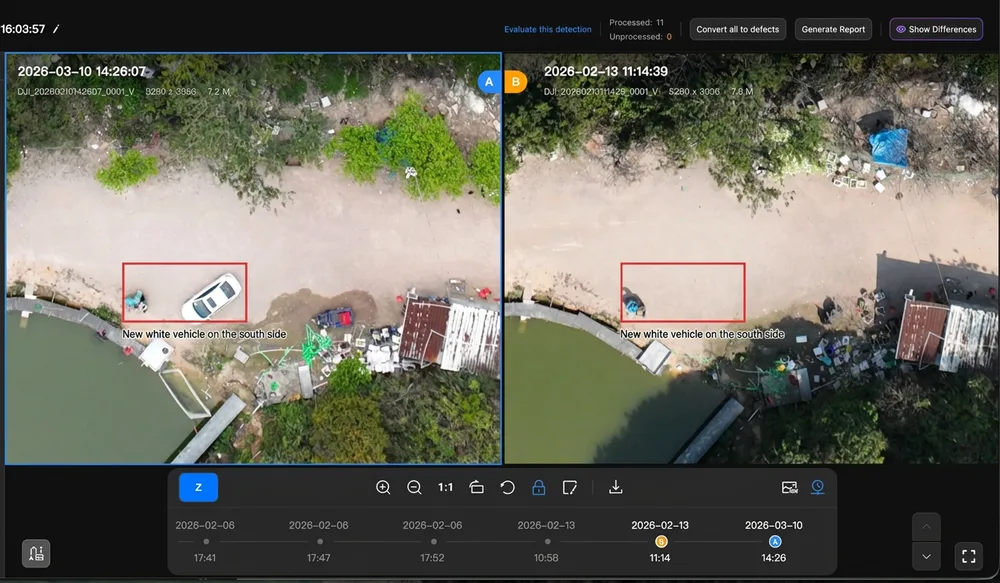 Official FlightHub change comparison showing two capture dates and a marked vehicle difference
