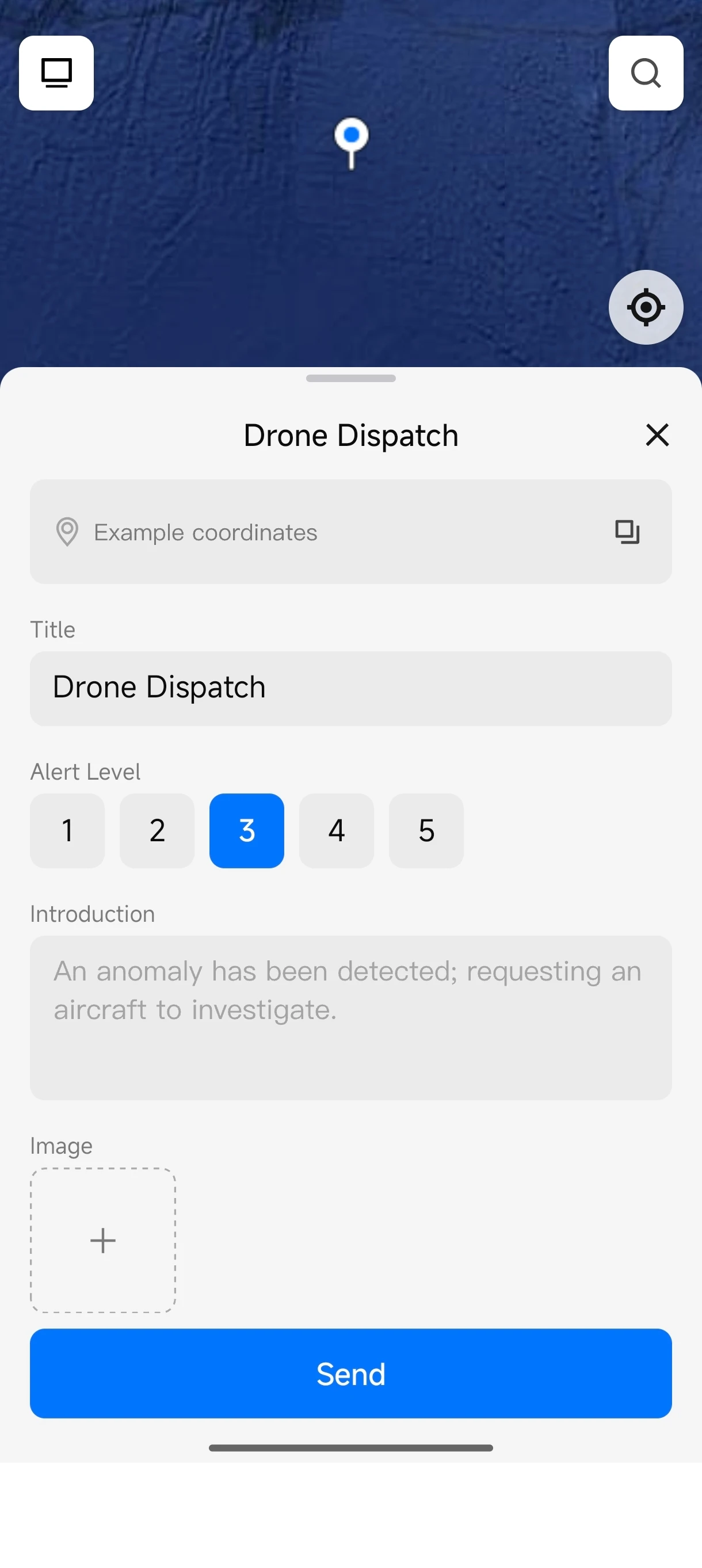 Official DJI Enterprise App Drone Dispatch request screen with alert level and image fields