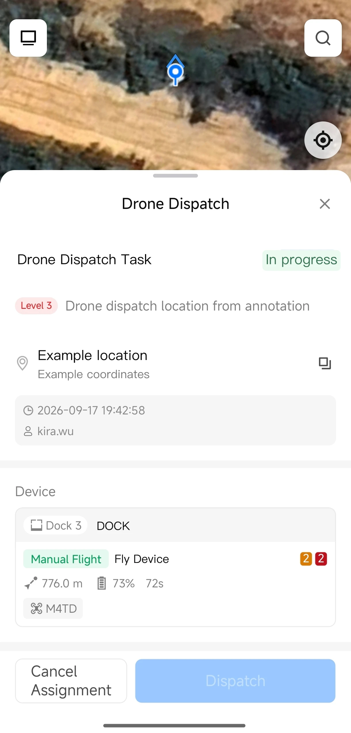 Official DJI Enterprise App screen for confirming a One-Tap Dispatch flight