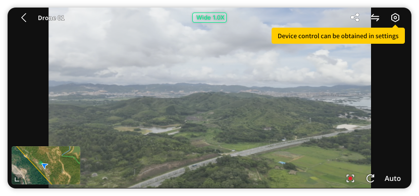 Official DJI Enterprise App landscape livestream showing a drone camera view and control settings