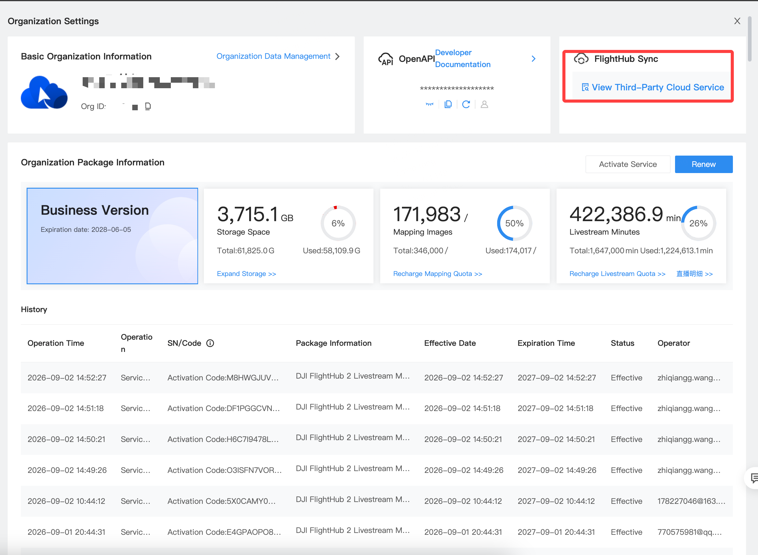 FlightHub Sync card in Organization Management