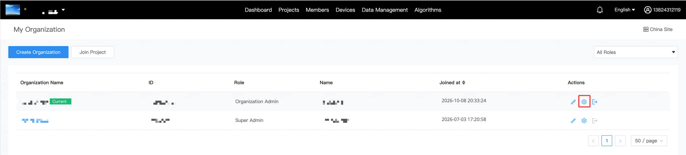 Open organization settings