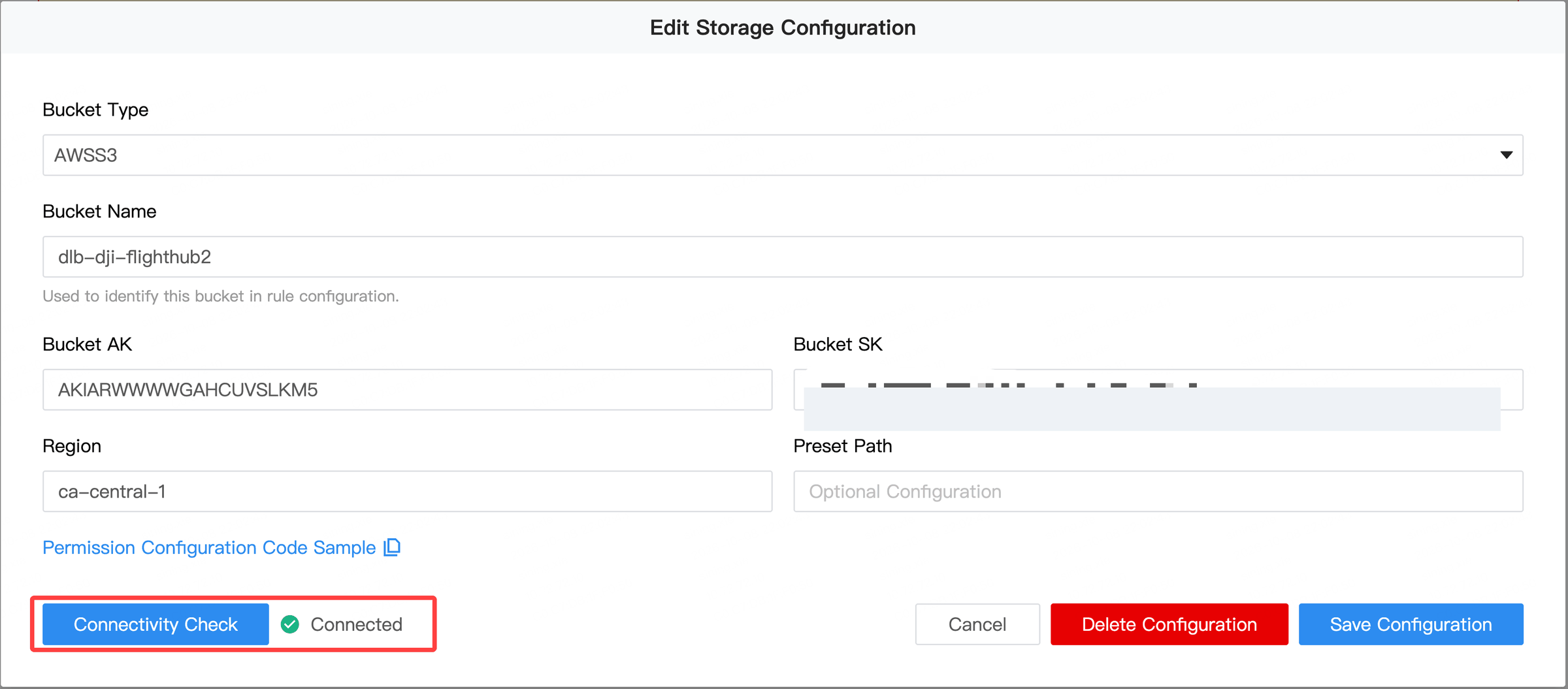 Enter bucket parameters and check connectivity