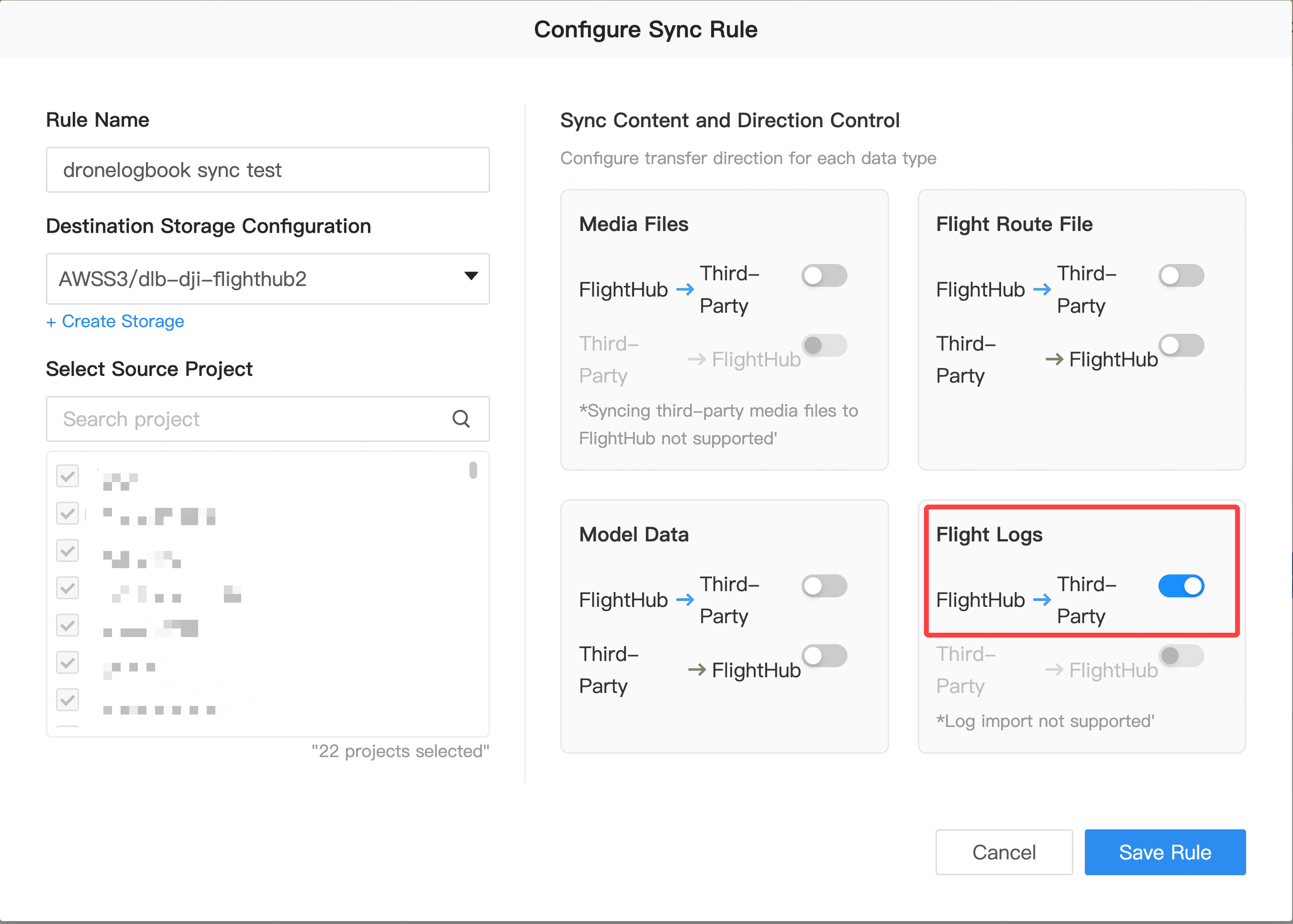 Select projects and flight log direction