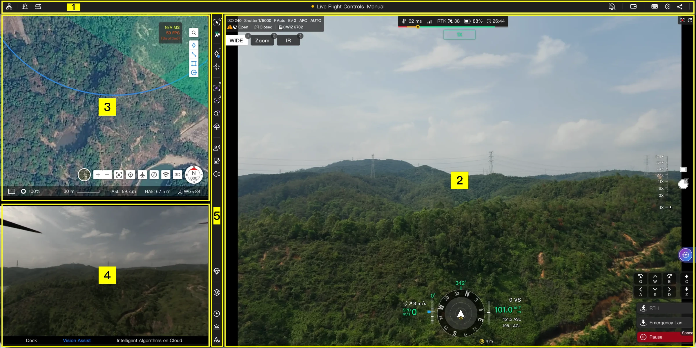 DJI manual overview of Virtual Cockpit with map, camera view and numbered interface regions