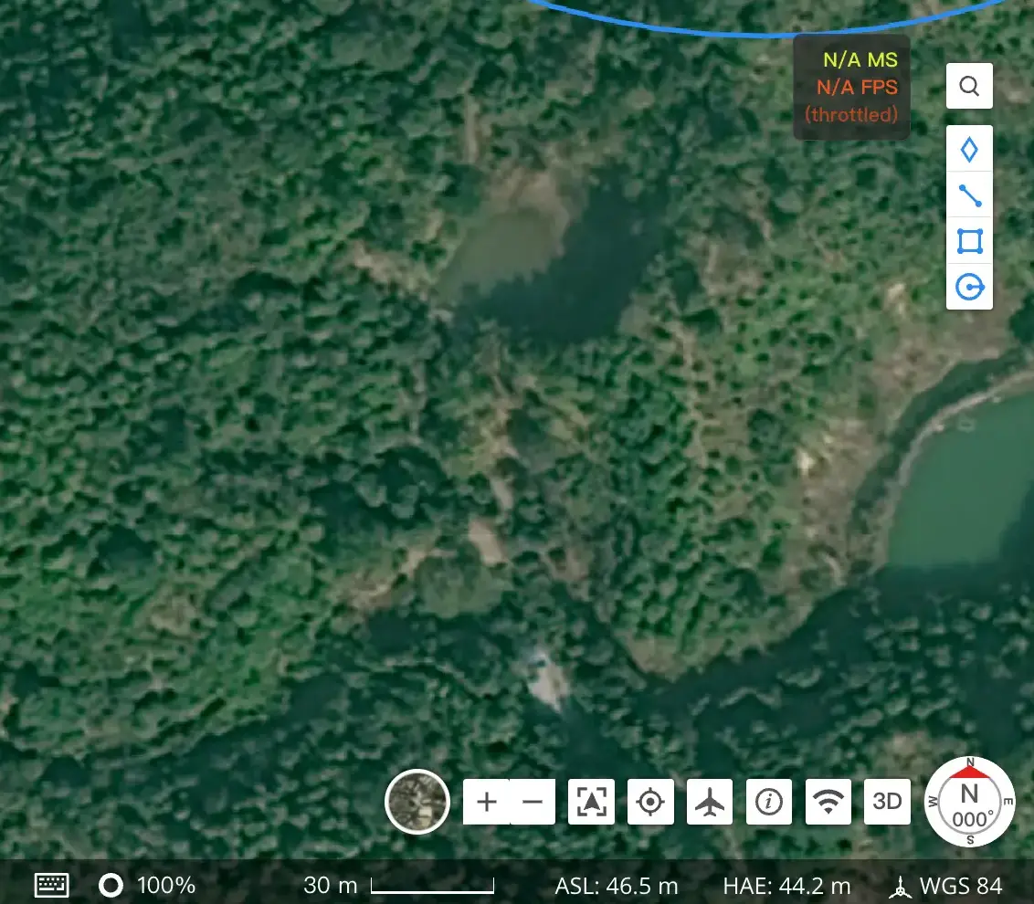 FlightHub 2 map module showing satellite imagery, map controls and annotation tools
